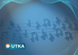 Evrensel müziğin notaları mavi arka planda ile UTKA Tercüme Hizmetleri logosu