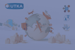 UTKA Dil Hizmetleri global ağını temsil eden dünya haritası üzerinde ticaret simgeleri