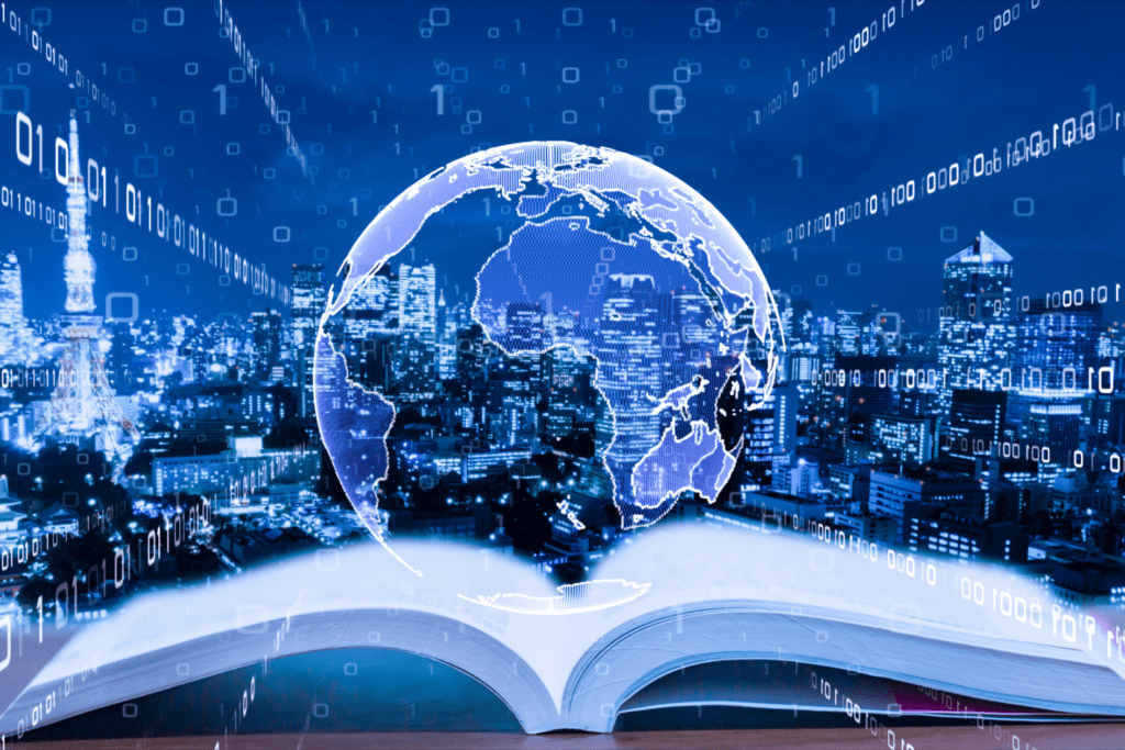 Dijital dünya haritası açık bir kitap üzerinde, çeviri teknolojilerinin global etkisini gösteriyor.